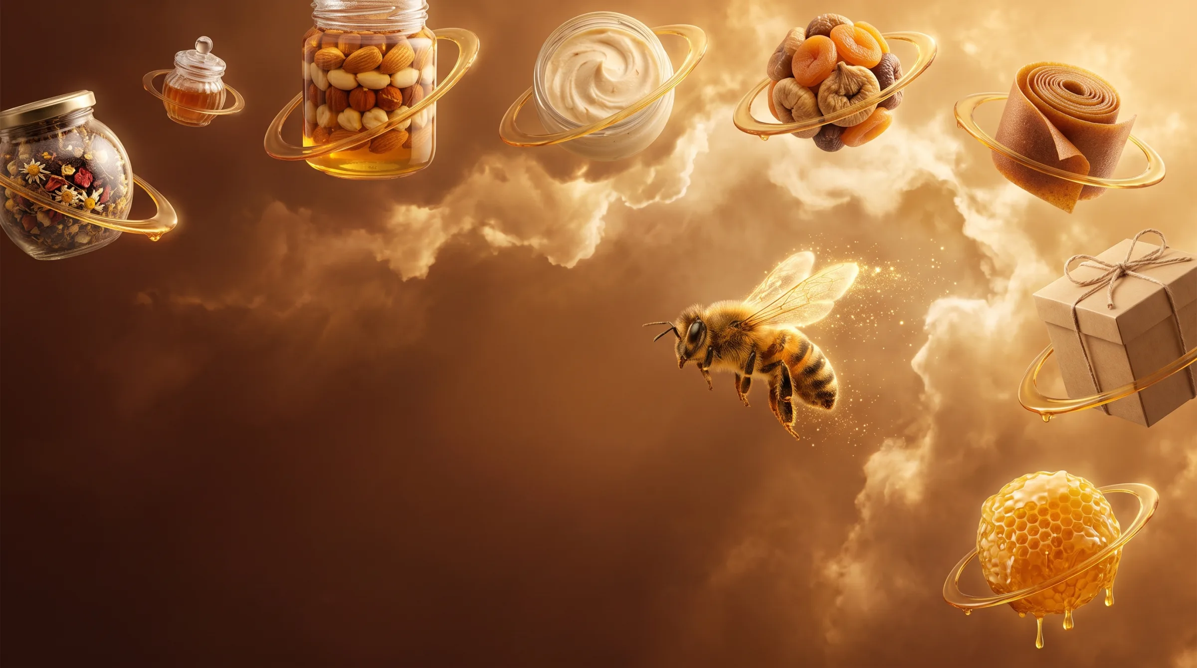 Бджілка HoneyTime у медовому космосі з планетами-продуктами